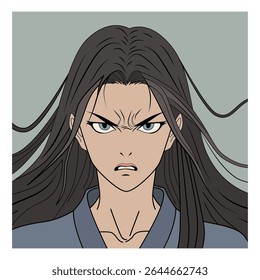 Personagem de anime, uma garota com cabelo longo e escuro expressando raiva. Ilustração vetorial. Сcapta o humor feroz do personagem e a presença poderosa, enfatizando a emoção e o drama.