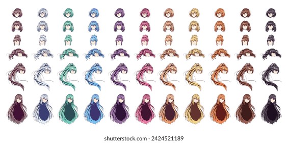 Anime character hairstyles color vector illustration set. Japanese manga multicolor wigs on white background. Design element of comics