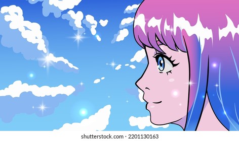 Anime Character With Long Pink Hair On The Sky Background.