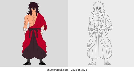 Anime Character man with long hair Hand Drawing Muscle Martial Art Kungfu