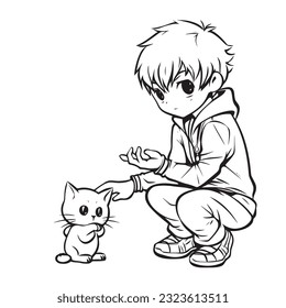 anime character with Pets ,Black and white coloring pages for kids, simple lines ,kawaii anime cute illustration drawing clip art character, vector  