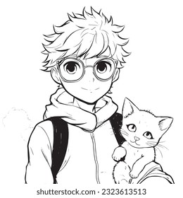 anime character with Pets ,Black and white coloring pages for kids, simple lines ,kawaii anime cute illustration drawing clip art character, vector  