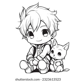 anime character with Pets ,Black and white coloring pages for kids, simple lines ,kawaii anime cute illustration drawing clip art character, vector  