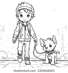 anime character with Pets ,Black and white coloring pages for kids, simple lines ,kawaii anime cute illustration drawing clip art character, vector  