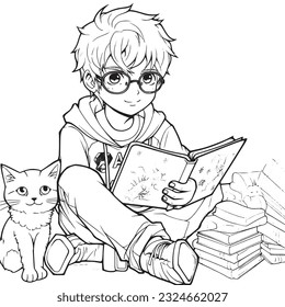 anime character with Pets ,Black and white coloring pages for kids, simple lines ,kawaii anime cute illustration drawing clip art character, vector  