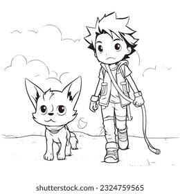 anime character with Pets ,Black and white coloring pages for kids, simple lines ,kawaii anime cute illustration drawing clip art character, vector  