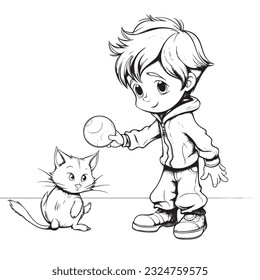 anime character with Pets ,Black and white coloring pages for kids, simple lines ,kawaii anime cute illustration drawing clip art character, vector  