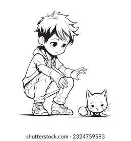 anime character with Pets ,Black and white coloring pages for kids, simple lines ,kawaii anime cute illustration drawing clip art character, vector  