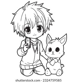 anime character with Pets ,Black and white coloring pages for kids, simple lines ,kawaii anime cute illustration drawing clip art character, vector  