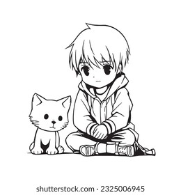 anime character with Pets ,Black and white coloring pages for kids, simple lines ,kawaii anime cute illustration drawing clip art character, vector  