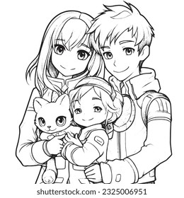 anime character with Pets ,Black and white coloring pages for kids, simple lines ,kawaii anime cute illustration drawing clip art character, vector  