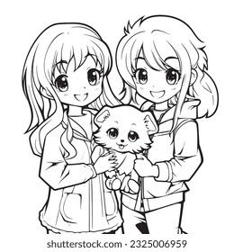 anime character with Pets ,Black and white coloring pages for kids, simple lines ,kawaii anime cute illustration drawing clip art character, vector  