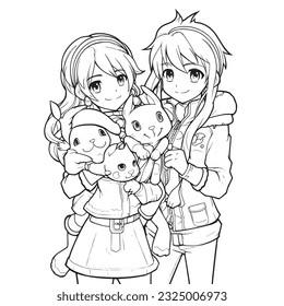 anime character with Pets ,Black and white coloring pages for kids, simple lines ,kawaii anime cute illustration drawing clip art character, vector  