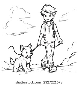 anime character with Pets ,Black and white coloring pages for kids, simple lines ,kawaii anime cute illustration drawing clip art character, vector  