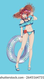 Anime character in stylish swimwear exudes a cheerful vibe. She poses confidently with a beach hat and float against a bright blue background, radiating summer joy.
