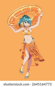 Personagem de anime com cabelo turquesa possui um grande guarda-chuva com tema citrino. Ela usa um biquíni e um sarong combinando. O fundo laranja vibrante aumenta a vibração de verão.