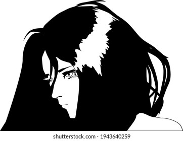 Anime Character Vector. Head, Portrait. Black and White.
