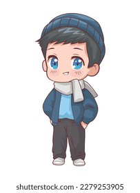 anime chibi boy wearing winter clothes character