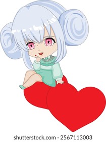 Anime Chibi Girl Sitting On Heart Valentine Vector