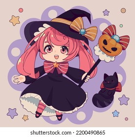 Anime Chibi Witch Girl With Wand Halloween