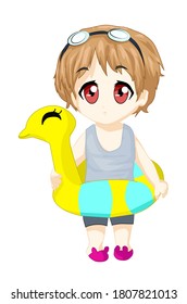 Anime child version chi-bi, yellow hair val, red eyes, with swimming eyeglass and swimming ban