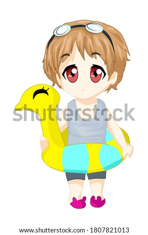 Anime child version chi-bi, yellow hair val, red eyes, with swimming eyeglass and swimming ban