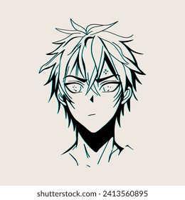 Anime close up face. Cartoon manga boy with sad emotion, korean and japanese face with eyes nose and mouth with glitch effect. Vector comic illustration