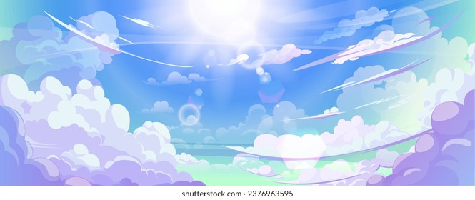 Anime cloud in blue heaven sky vector background. Summer abstract cloudy air design with gradient and sun light with reflection. Beautiful calm morning game outdoor panorama with sunshine painting.