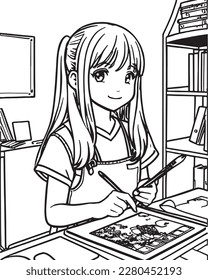 Anime coloring book for kids. Cute girl painting a picture in her room