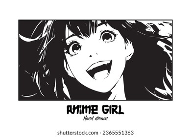 Anime Coloring Pages Style: Happy Asian School Girl, Close-up Face in Manga Style. Trendy Hand-drawn Vector Illustration, Isolated on White