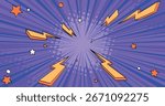 Anime comic burst background with radial speed lines and lightning bolts for dynamic action scenes. Purple sunburst pattern with yellow stars and energy effects. Manga style explosion superhero bg