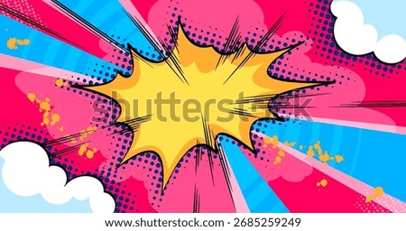 Anime comic burst with vibrant pink and blue halftone patterns for pop art design. Yellow explosion star with speed lines, clouds and dots. Retro manga background for superhero action or advertisement