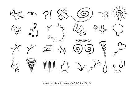 Anime comic emoticon element graphic effects hand drawn doodle vector illustration set isolated on white background. Cartoon style manga doodle line expression scribble anime mark collection.