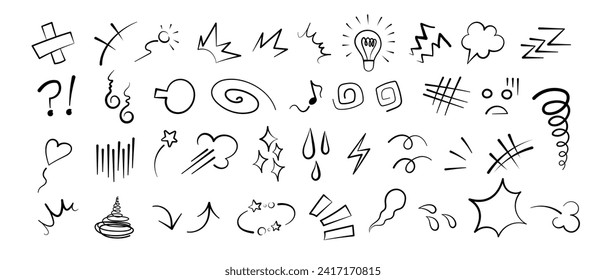 Efecto gráfico de los elementos emoticonos cómicos animados por la mano ilustración del vector del doodle aislado en fondo blanco. Estilo caricatura manga línea de doodle expresión garabato colección de marca de anime.