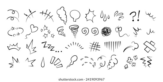 Anime comic emoticon element graphic effects hand drawn doodle vector illustration set isolated on white background. Cartoon style manga doodle line expression scribble anime mark collection.