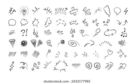 Anime comic emoticon element graphic effects hand drawn doodle vector illustration set isolated on white background. Cartoon style manga doodle line expression scribble anime mark collection.