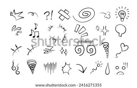 Anime comic emoticon element graphic effects hand drawn doodle vector illustration set isolated on white background. Cartoon style manga doodle line expression scribble anime mark collection.