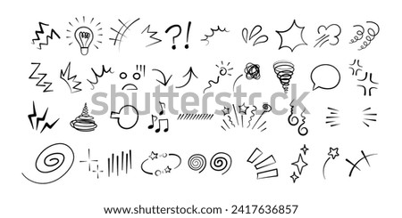 Anime comic emoticon element graphic effects hand drawn doodle vector illustration set isolated on white background. Cartoon style manga doodle line expression scribble anime mark collection.