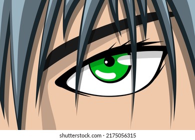 Anime comic strip pretty boy or girl face with green eye and grey hair. Manga comics book hero art background concept. Vector cartoon look eps illustration