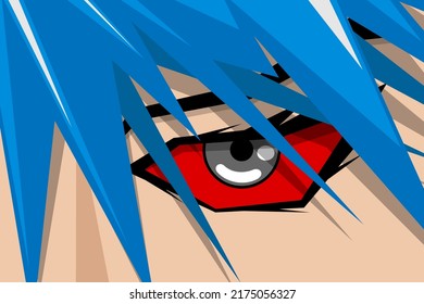 Anime comic strip pretty boy or girl face with red eye and blue hair. Manga comics book hero art background concept. Vector cartoon look eps illustration