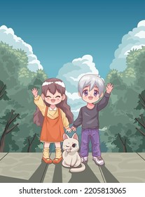 anime couple with cat in landscape scene