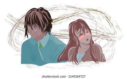 Anime Couple In Love Quarreled.cartoon Characters.vector Illustration. High Quality