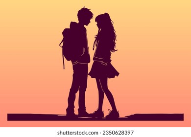 Anime couple silhouette, romantic anime vector.