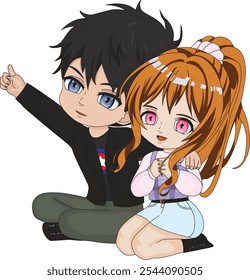 Anime couple sitting on ground chibi character vector