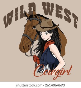 Anime cowgirl posing with horse in western setting

