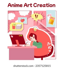 Anime culture. Otaku or geek lifestyle, popular japanese cartoons or manga fan creator. Young female character drawing fanart. Entertaining and creative hobby or subculture. Flat vector illustration