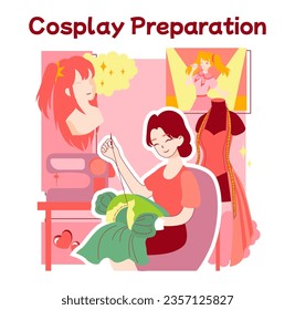 Anime culture. Otaku or geek lifestyle, popular japanese cartoons or manga fan. Young female character sewing a cosplay costume. Entertaining and creative hobby or subculture. Flat vector illustration