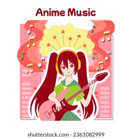 Anime culture. Otaku or geek lifestyle, popular japanese cartoons or manga fan. Character playing anime music or soundtrack. Entertaining and creative hobby or subculture. Flat vector illustration