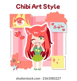 Cultura anime. Estilo de vida otaku o geek, dibujos animados japoneses populares o fanático del manga. Carácter asiático de estilo chibi. Hobby o subcultura entretenida y creativa. Ilustración vectorial plana