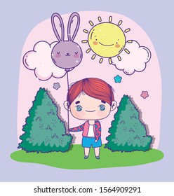 anime cute boy with balloon shaped rabbit outdoor vector illustration